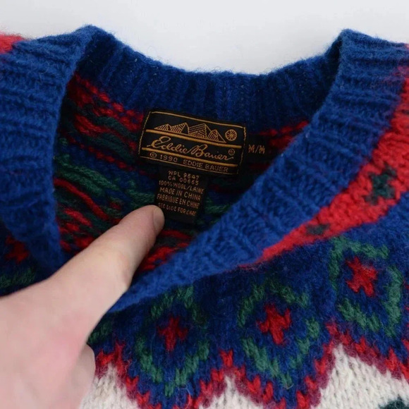 Vintage 90's Eddie Bauer Blue Wool Festive Gramacore Knit Crewneck Sweater  M - Picture 11 of 11